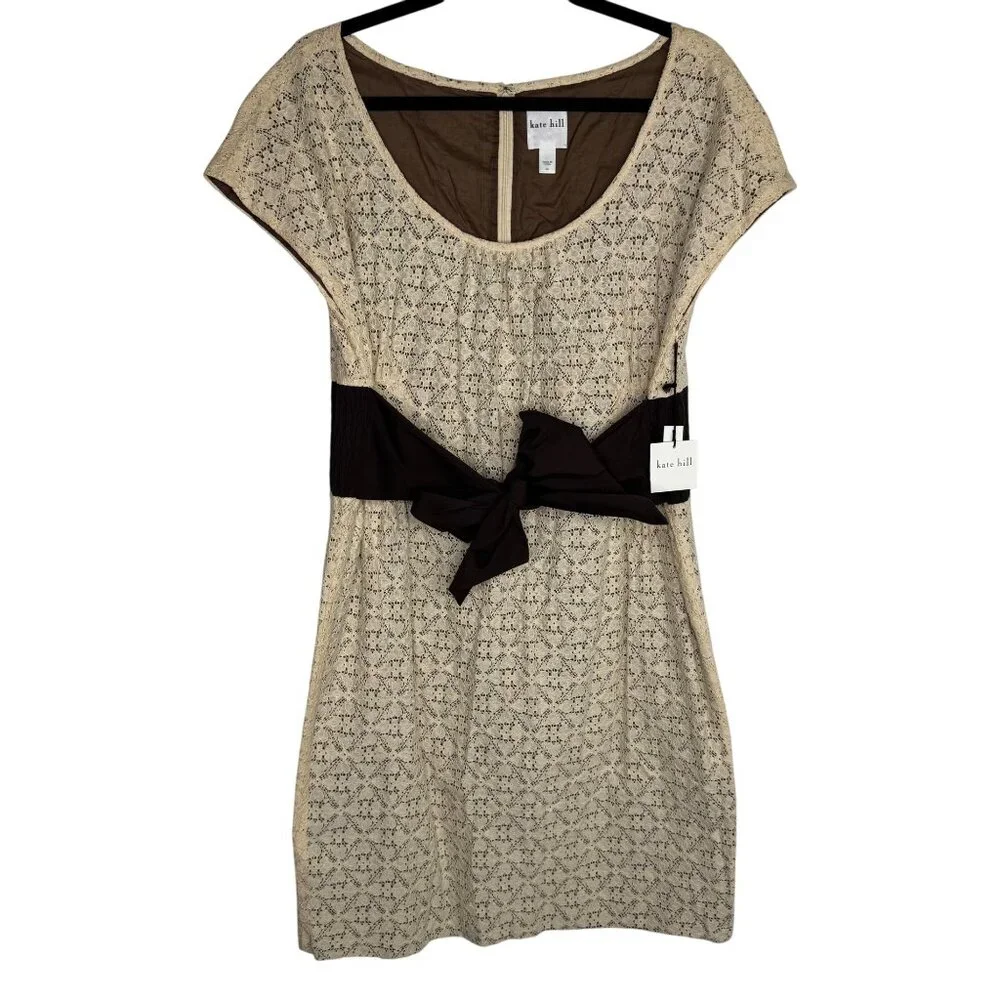 NWT Kate Hill Beige & Brown Lace Dress‎ Bow Tie Waist Cottagecore Prairie Sz 14P